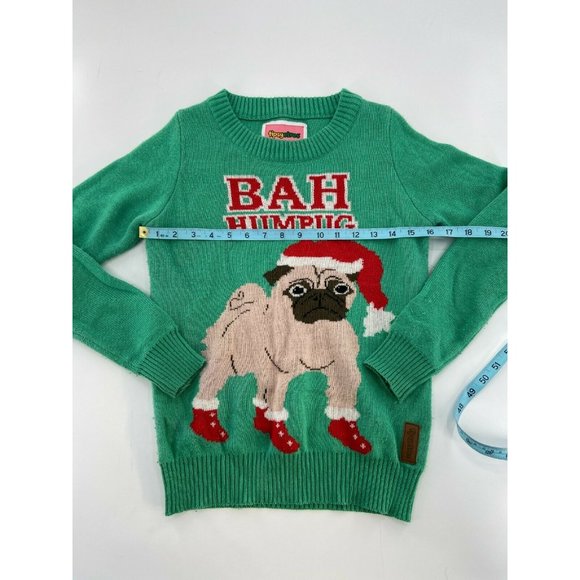 Tipsy Elves Women’s Office Christmas Party PUG Dog Green Knit Sweater Size XS - Picture 4 of 7